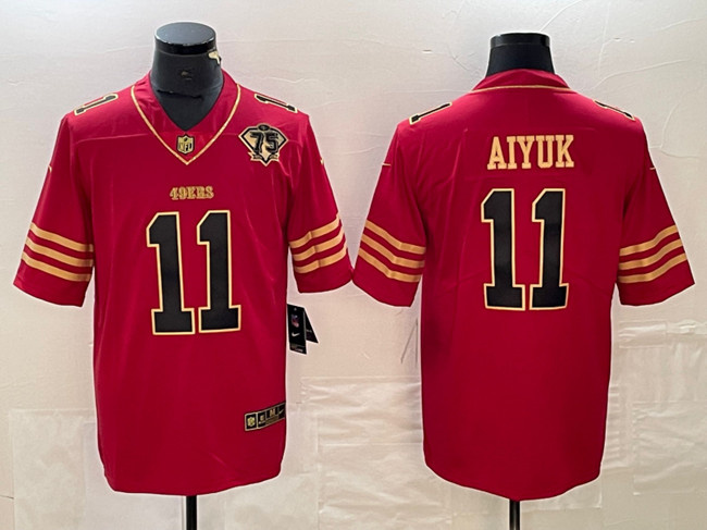 Men's San Francisco 49ers #11 Brandon Aiyuk Red Gold With 75th Anniversary Patch Stitched Jersey Men's San Francisco 49ers #11 Brandon Aiyuk Red Gold With 75th Anniversary Patch Stitched Jersey